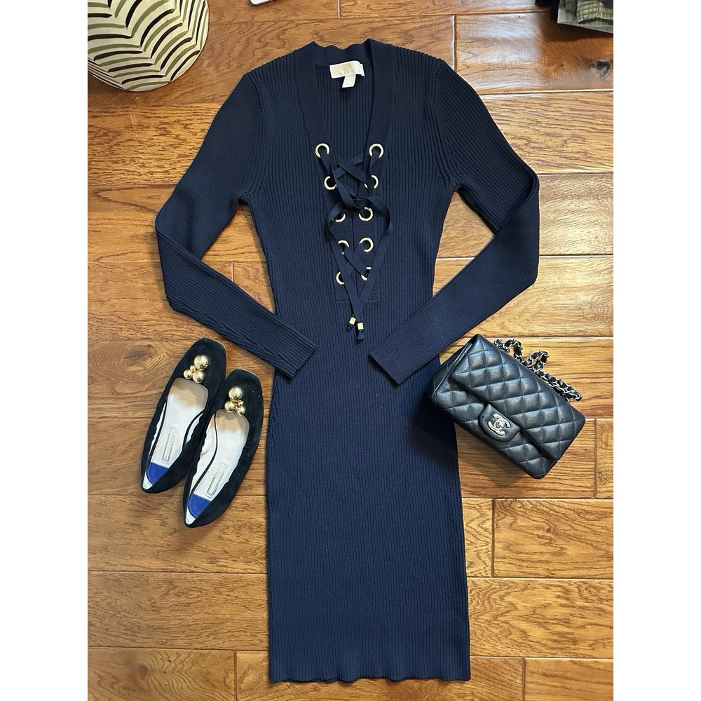 Womens Dress Michael Kors Navy Blue Knit Sweater Lace Up  Long Sleeve Size S